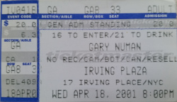 Gary Numan New York Ticket 2001